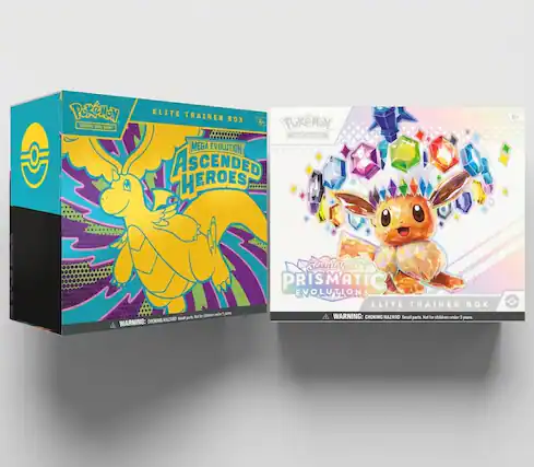 POKÉMON ELITE TRAINER BOX
MEGA EVOLUTION ASCENDED HEROES
6+
POKÉMON ELITE TRAINER BOX
SCARLET & VIOLET PRISMATIC EVOLUTIONS
6+
WARNING: CHOKING HAZARD - Small parts. Not for children under 3 years.
