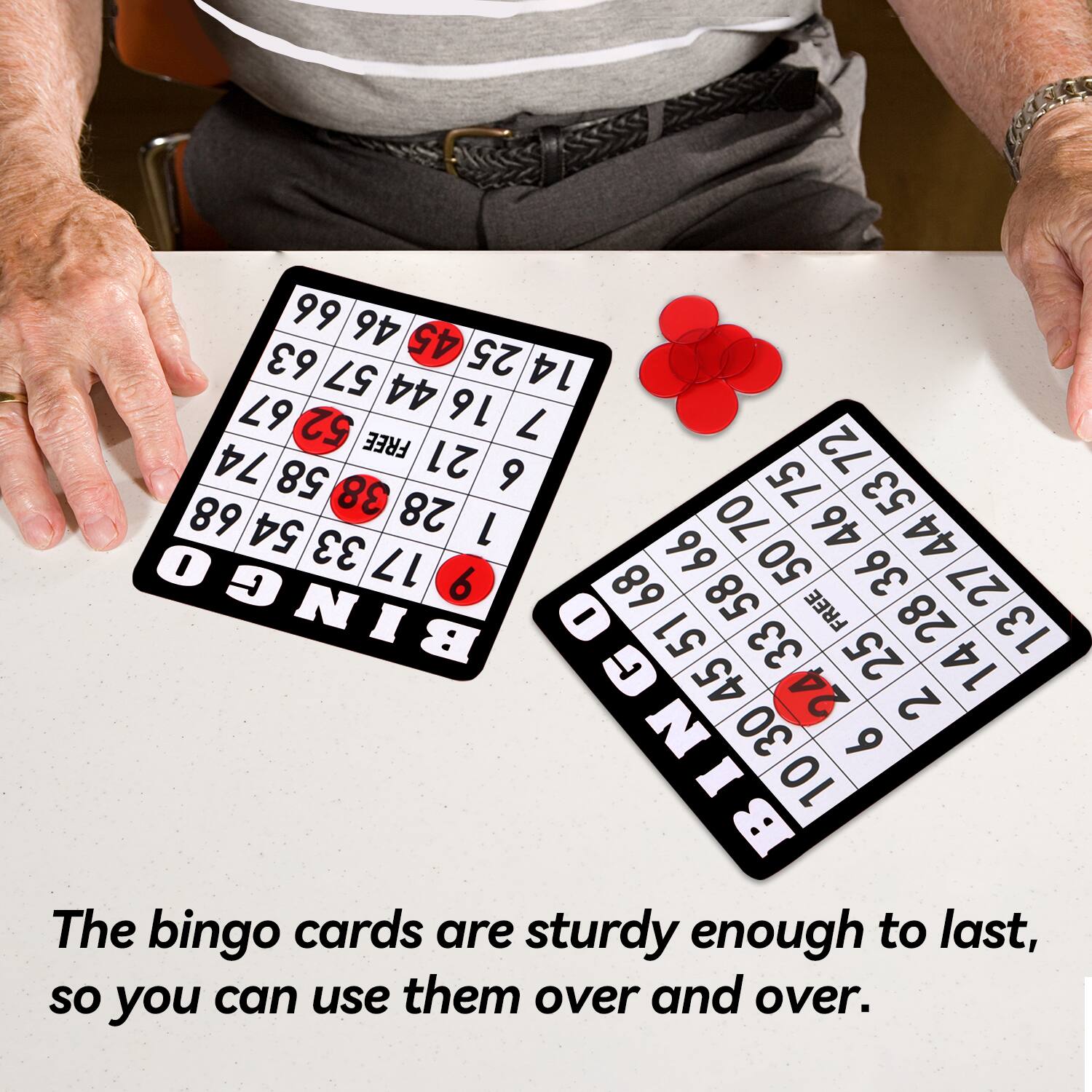 The bingo cards are sturdy enough to last, so you can use them over and over. 99 46 63 45 25 57 44 14 67 52 16 7 FREE 21 72 74 58 9 75 68 38 28 70 53 54 L 46 44 O 33 17 66 50 36 BINGO 6 68 58 27 N I - FREE 28 13 L 51 33 25 14 45 24 2 N 30 9 I 10