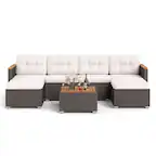 Front. Costway - Costway 7 PCS Wicker Conversation Set with Seat & Back Cushions Wood Armrests & Tabletop - Off White.