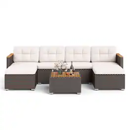 Costway - 7 PCS Wicker Conversation Set with Seat & Back Cushions Wood Armrests & Tabletop - Off White