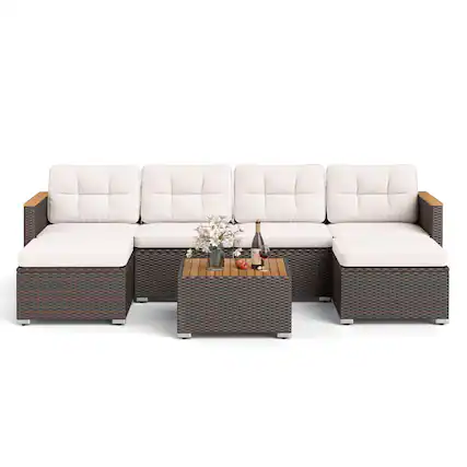 Front. Costway - Costway 7 PCS Wicker Conversation Set with Seat & Back Cushions Wood Armrests & Tabletop - Off White.