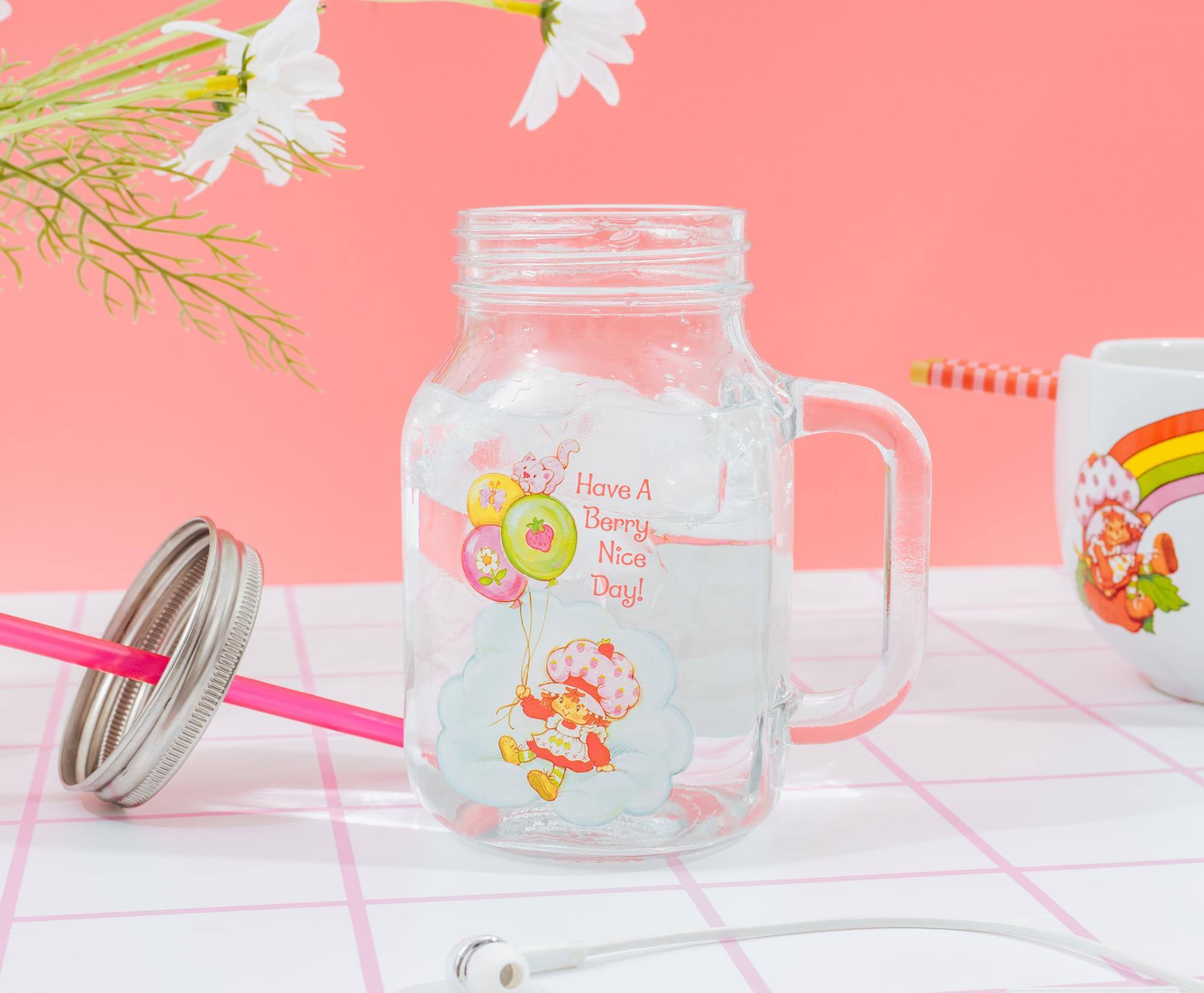 Silver Buffalo - Strawberry Shortcake Cloud and Balloons 21-Ounce Glass Mason Jar With Handle - Clear - Thumbnail 3