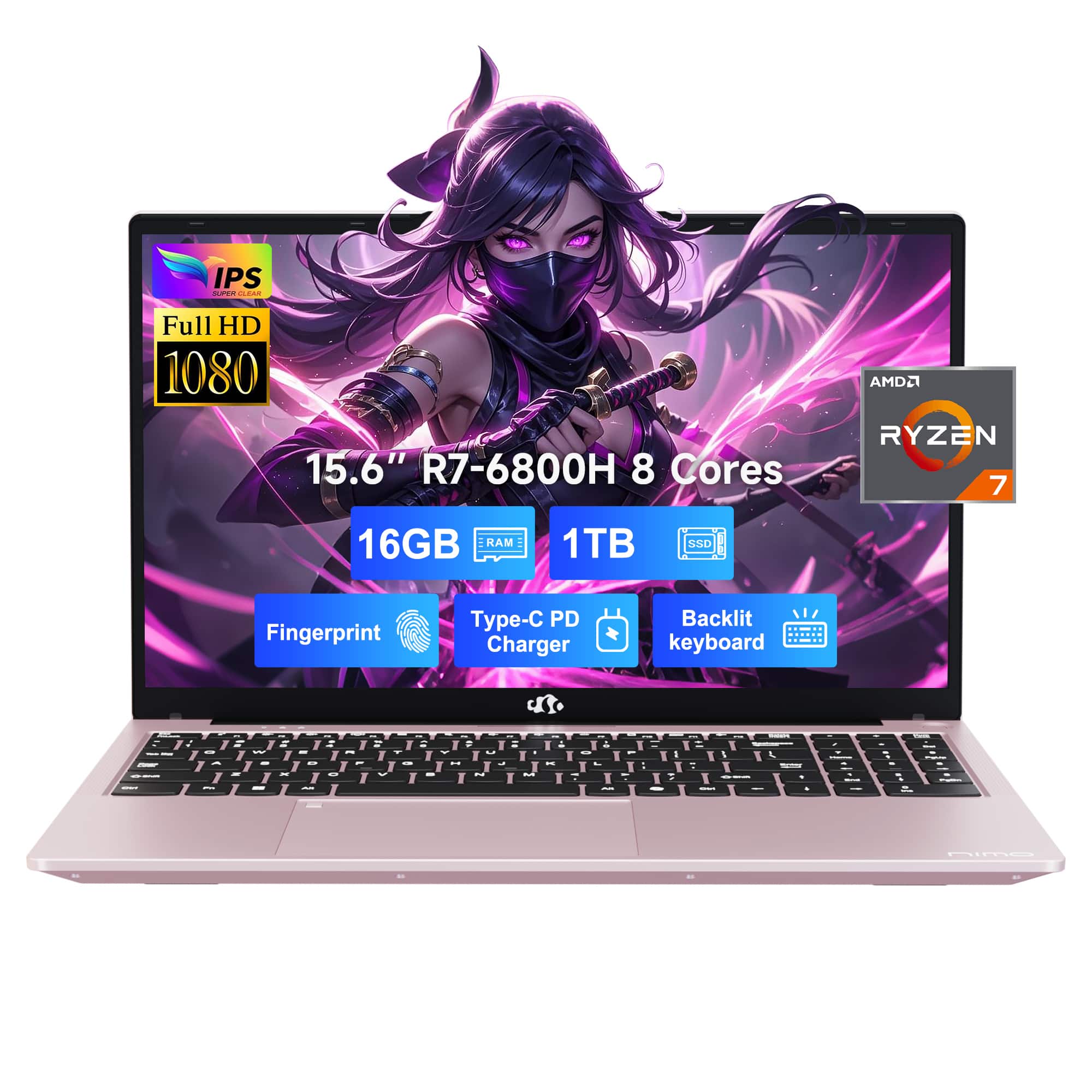 NIMO - 15.6" IPS FHD-Gaming-Laptop, 8 Cores AMD Ryzen 7 6800H 16GB DDR5 RAM 1TB SSD 4.7GHz Fingerprint 100W - Rose gold
