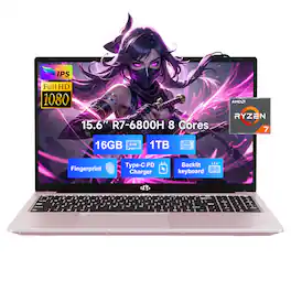NIMO - 15.6" IPS FHD-Gaming-Laptop, 8 Cores AMD Ryzen 7 6800H 16GB DDR5 RAM 1TB SSD 4.7GHz Fingerprint 100W - Rose Gold