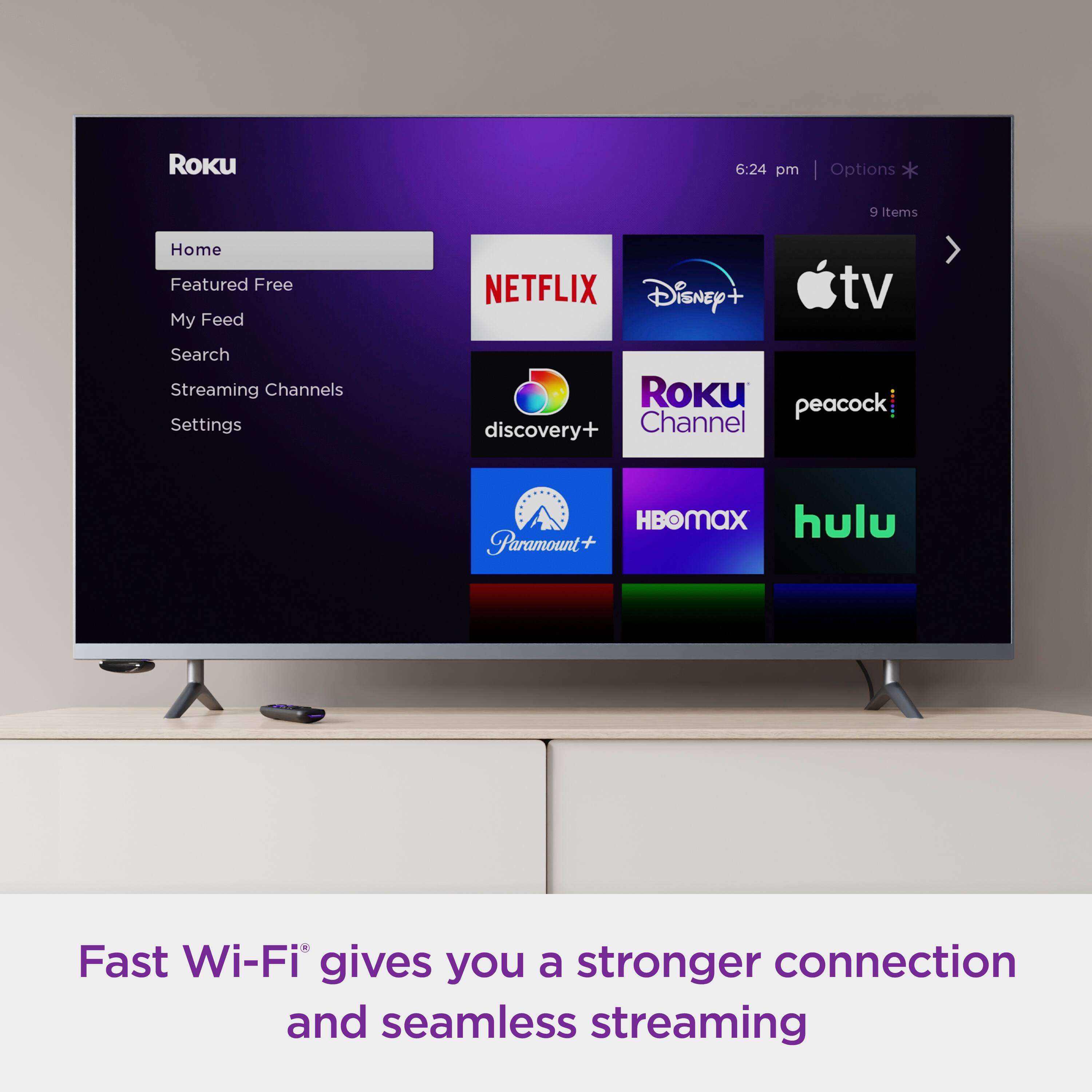 Roku 6:24 pm Options 9 Templates Home Featured Free My Feed NETFLIX Disney+ tv Search Streaming Channels Settings Roku peacock discovery+ Channel Hulu Paramount+ Fast Wi-Fi gives you a stronger connection and seamless streaming.