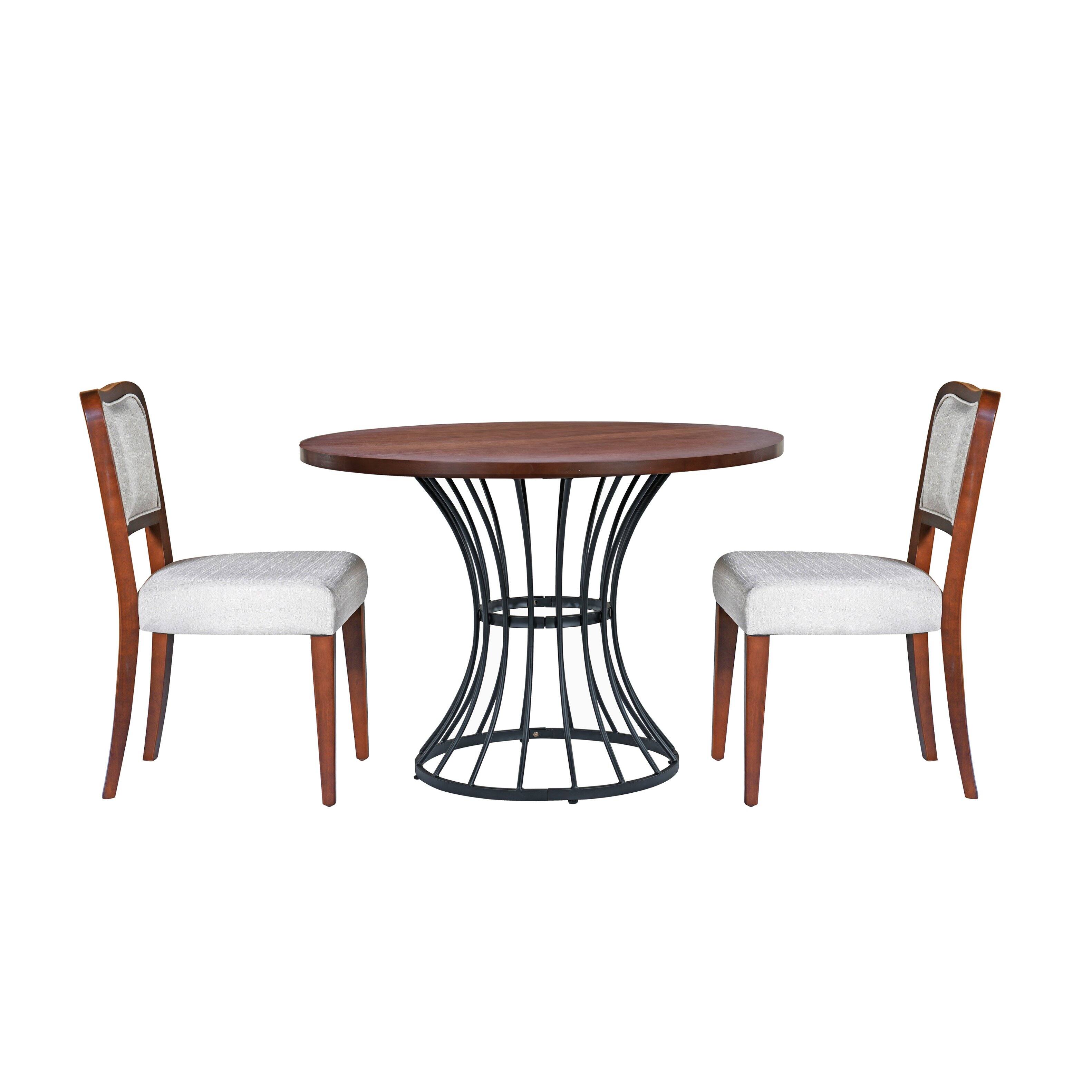 Alt View 1. TinyHomie - 42in Round Oak Dining Set – Solid Wood-Look Veneer Table and 2 Upholstered Walnut-Finish Chairs Heavy-Duty Iron Base - Beige and Black and Walnut.