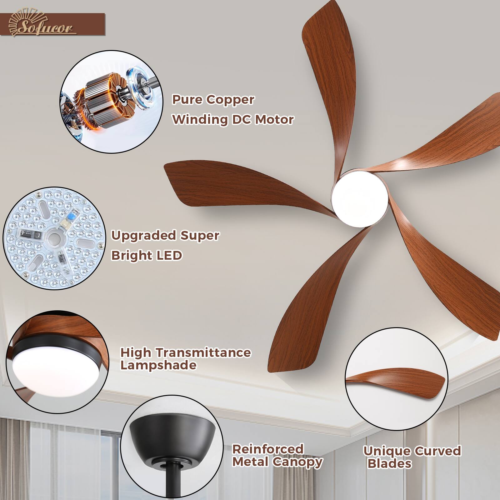 - Pure Copper Winding DC Motor
- Upgraded Super Bright LED
- High Transmittance Lampshade
- Reinforced Metal Canopy
- Unique Curved Blades