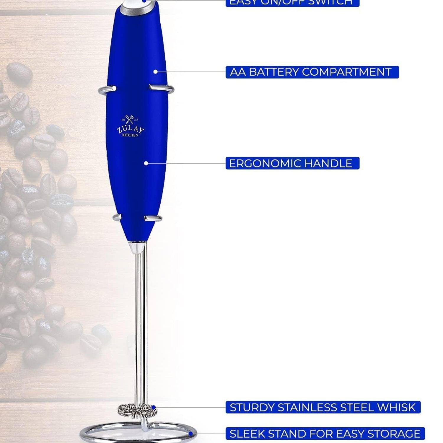 EASY ON/OFF SWITCH, AA BATTERY COMPARTMENT, ERGONOMIC HANDLE, STURDY STAINLESS STEEL WHISK, SLEEK STAND FOR EASY STORAGE