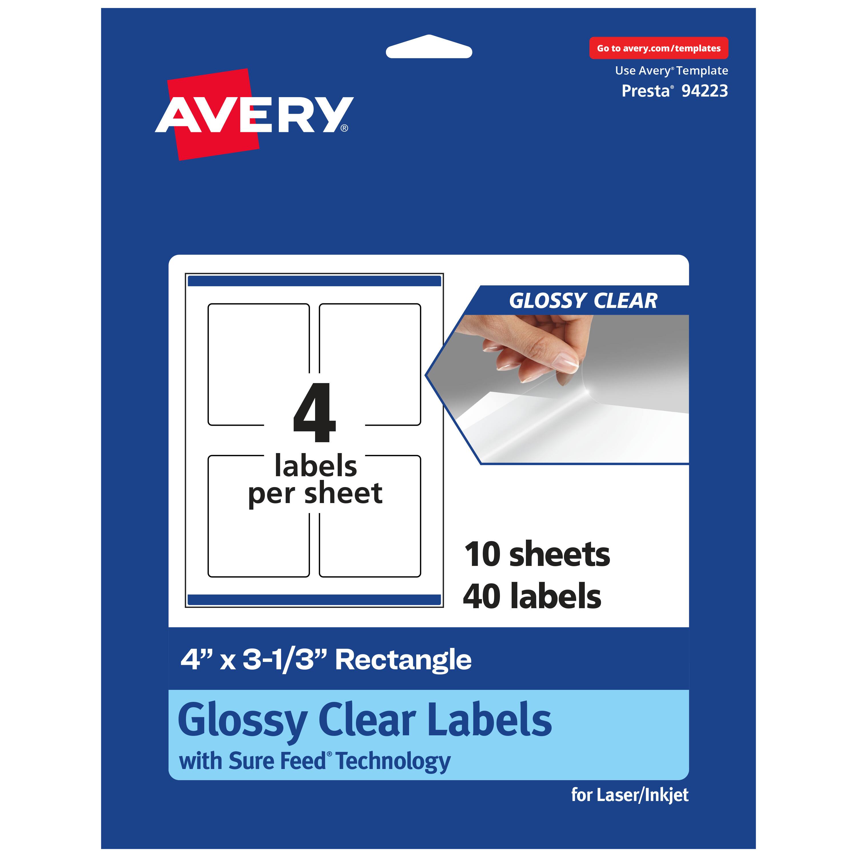 Go to avery.com/templates  
AVERY  
Use Avery Template Presta® 94223  

GLOSSY CLEAR  
4 labels per sheet  
10 sheets  
40 labels  

4" x 3-1/3" Rectangle  
Glossy Clear Labels  
with Sure Feed® Technology  
for Laser/Inkjet
