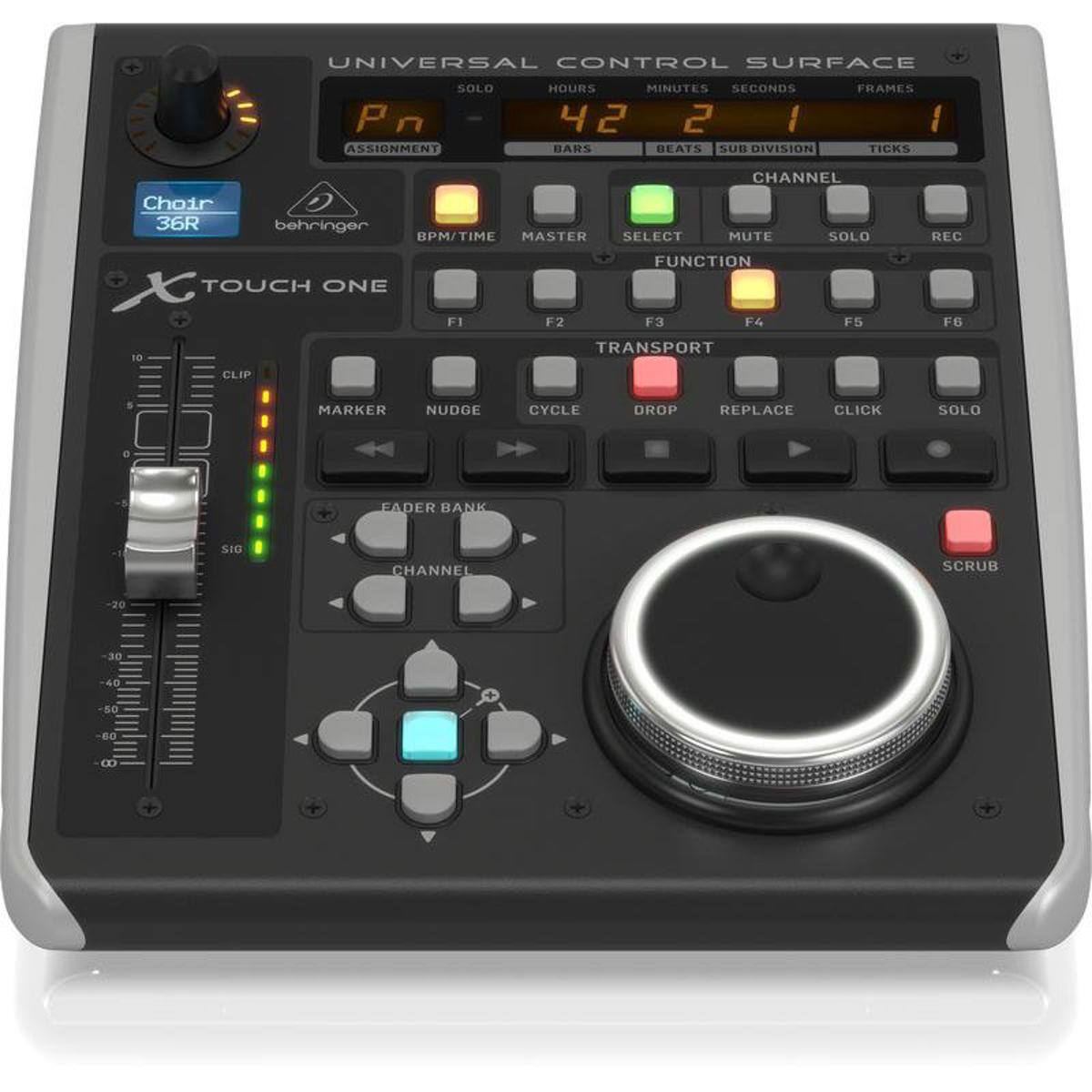 UNIVERSAL CONTROL SURFACE

SOLO Pn ASSIGNMENT

HOURS MINUTES SECONDS FRAMES
42 2 1 1

DARS BEATS SUB DIVISION TICKS

Choir 36R behringer

BPM/TIME MASTER

SELECT CHANNEL MUTE SOLO REC

FUNCTION F1 F2 F3 F4 F5 F6

TRANSPORT CLIP MARKER NUDGE CYCLE DROP REPLACE CLICK SOLO

LEADER BANK SIG CHANNEL SCRUB

-20 30 40 50 80

TOUCH ONE