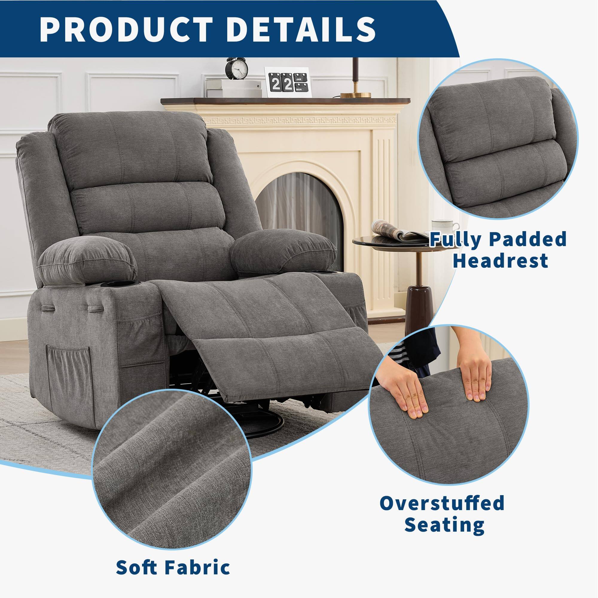 PRODUCT DETAILS

- Fully Padded Headrest
- Overstuffed Seating
- Soft Fabric