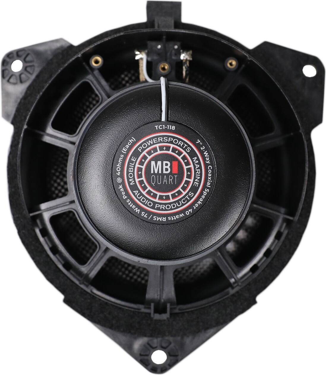 The text on the image reads "TC1-118 (Each) Powersports 7" + 40hms 2-Way Mobile MB Marine @ Quart - Coaxial Peak Audio + Speaker Watts 75 / RMS watts."