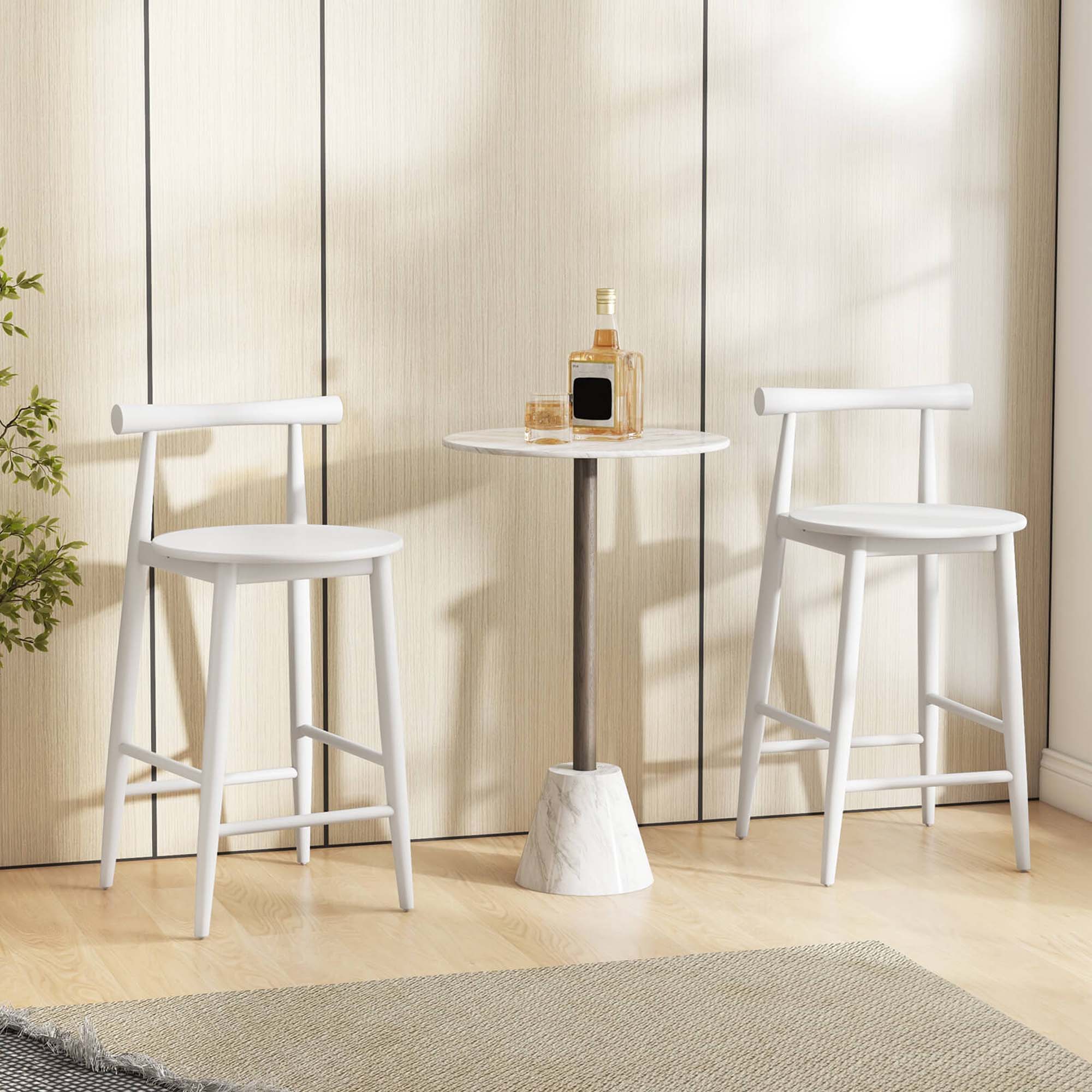 Back. Costway - Bar Chair Counter Height Stools Set of 2 with Acacia Wood Frame Supporting Legs - White.