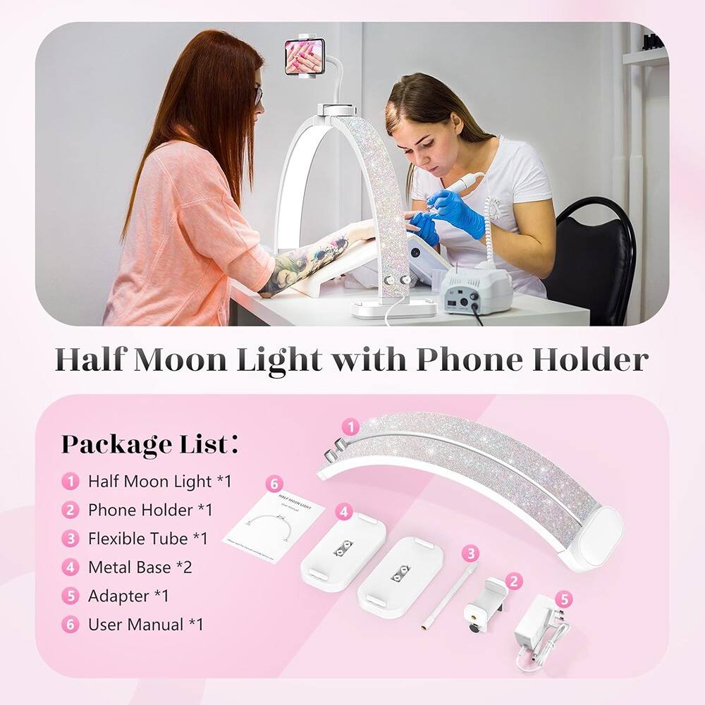 Half Moon Light with Phone Holder

Package List:
1. Half Moon Light *1
2. Phone Holder *1
3. Flexible Tube *1
4. Metal Base *2
5. Adapter *1
6. User Manual *1
