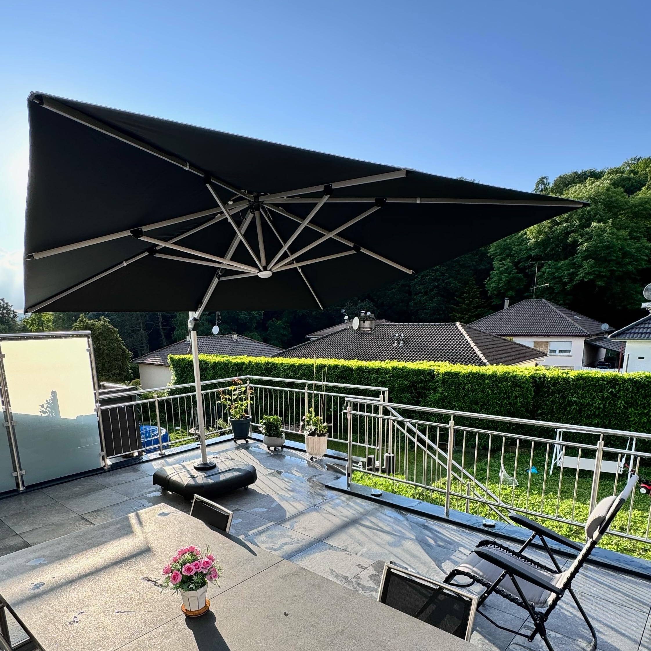 Angle. PURPLE LEAF - 9' X 12' Patio Rectangle Aluminum Solar Powered LED Cantilever Outdoor Offset Umbrella with Base for Garden Deck Pool - Black.