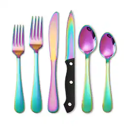KOOMADE - 24/48PCS Flatware Set Steak Knives Kitchen Utensils and Cutlery of High Quality Construction - Rainbow 24-Piece Set