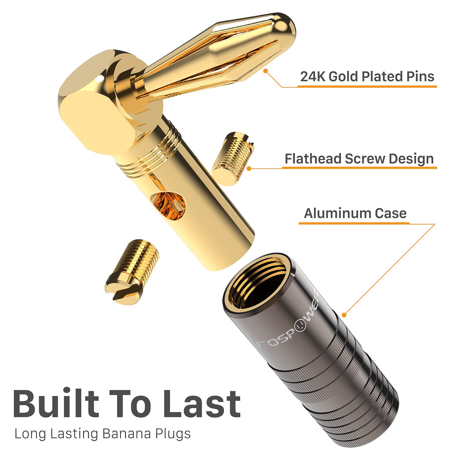 24K Gold Plated Pins, Flathead Screw Design, Aluminum Case, Built To Last, Long Lasting Banana Plugs