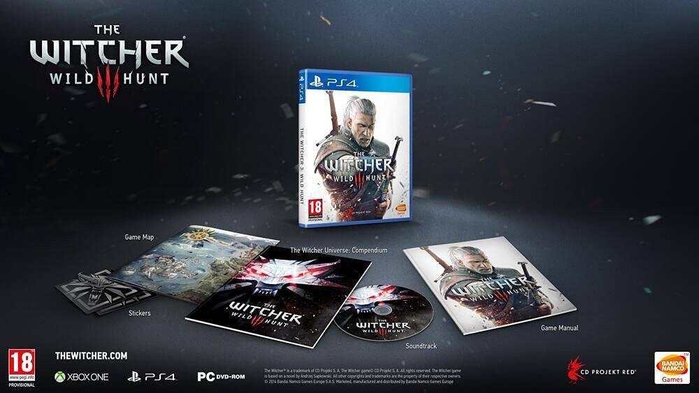 THE WITCHER WILD HUNT P4 PS4 THE WITCHER THE WITCHER WILD HUNT 18 Game Map The Witcher Universe: Compendium Stickers THE WITCHER WILD HUNT WITCHER WILD HUNT THE WITCHER HUNT Game Manual THEWITCHER.COM 18 www.peg.info XBOXONE PS4 PROVISIONAL PC DVD-ROM The by of B A Thee Co and and Soundtrack 5 A.A The are Bands CD PROJEKT RED M BANDAI NAMCO Games