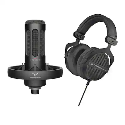 The image features a microphone and a pair of headphones. The microphone is a black and silver device, while the headphones are black and have a silver logo. The headphones are designed by beyerdynamic, and they are likely used for listening to music or participating in online meetings.