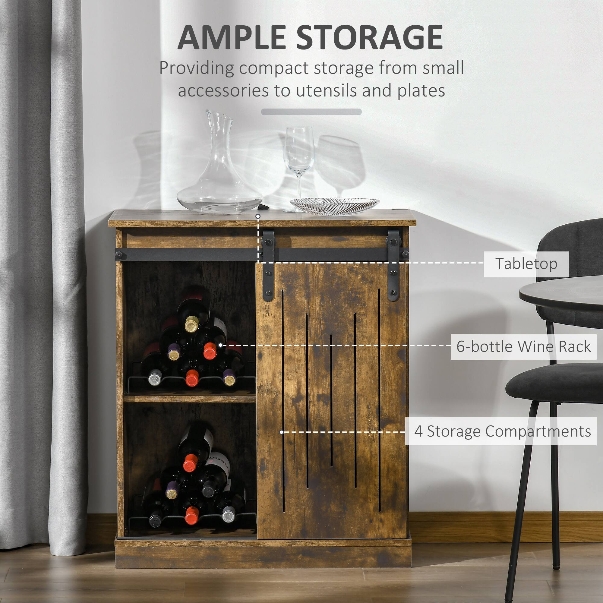 AMPLE STORAGE  
Providing compact storage from small accessories to utensils and plates  

- Tabletop  
- 6-bottle Wine Rack  
- 4 Storage Compartments