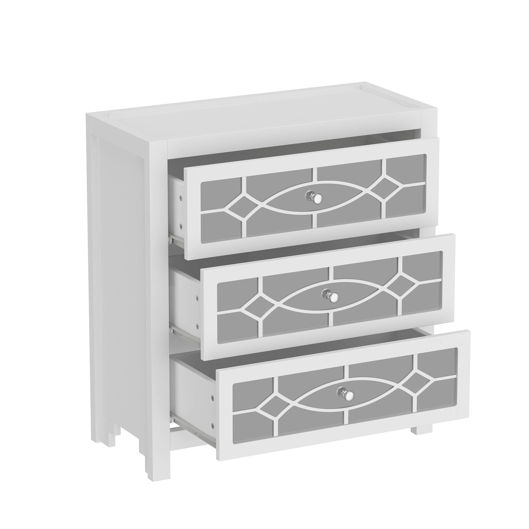 Left. Famapy - Famapy 3 - Drawer Mirrored Nightstand: Glam Bedroom Storage & Decor - White.