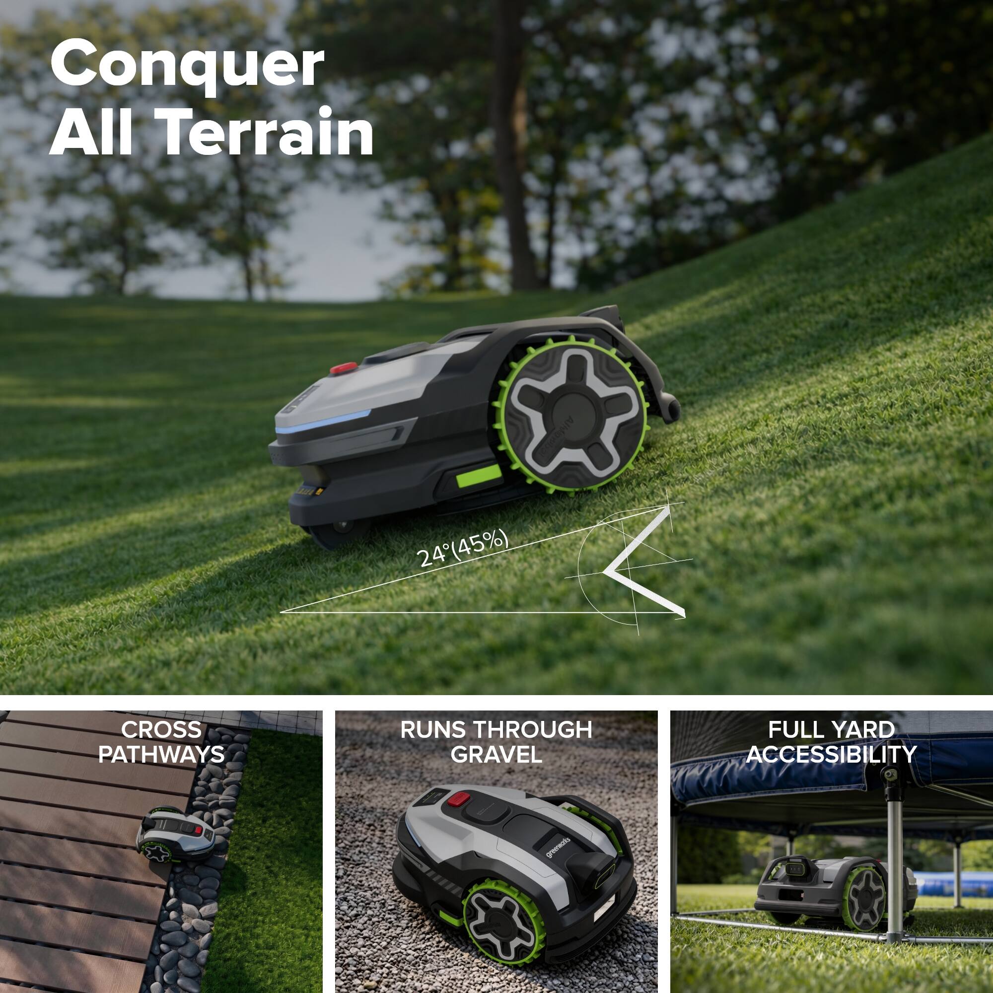 Conquer All Terrain

24° (45%)

CROSS PATHWAYS

RUNS THROUGH GRAVEL

FULL YARD ACCESSIBILITY