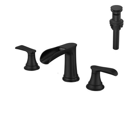 Front. Boyel Living - Waterfall 8 Inch Widespread Double Handle Brass Bathroom Faucet with Pop Up Drain and Water Supply Hoses in Matte Black - Matte Black.