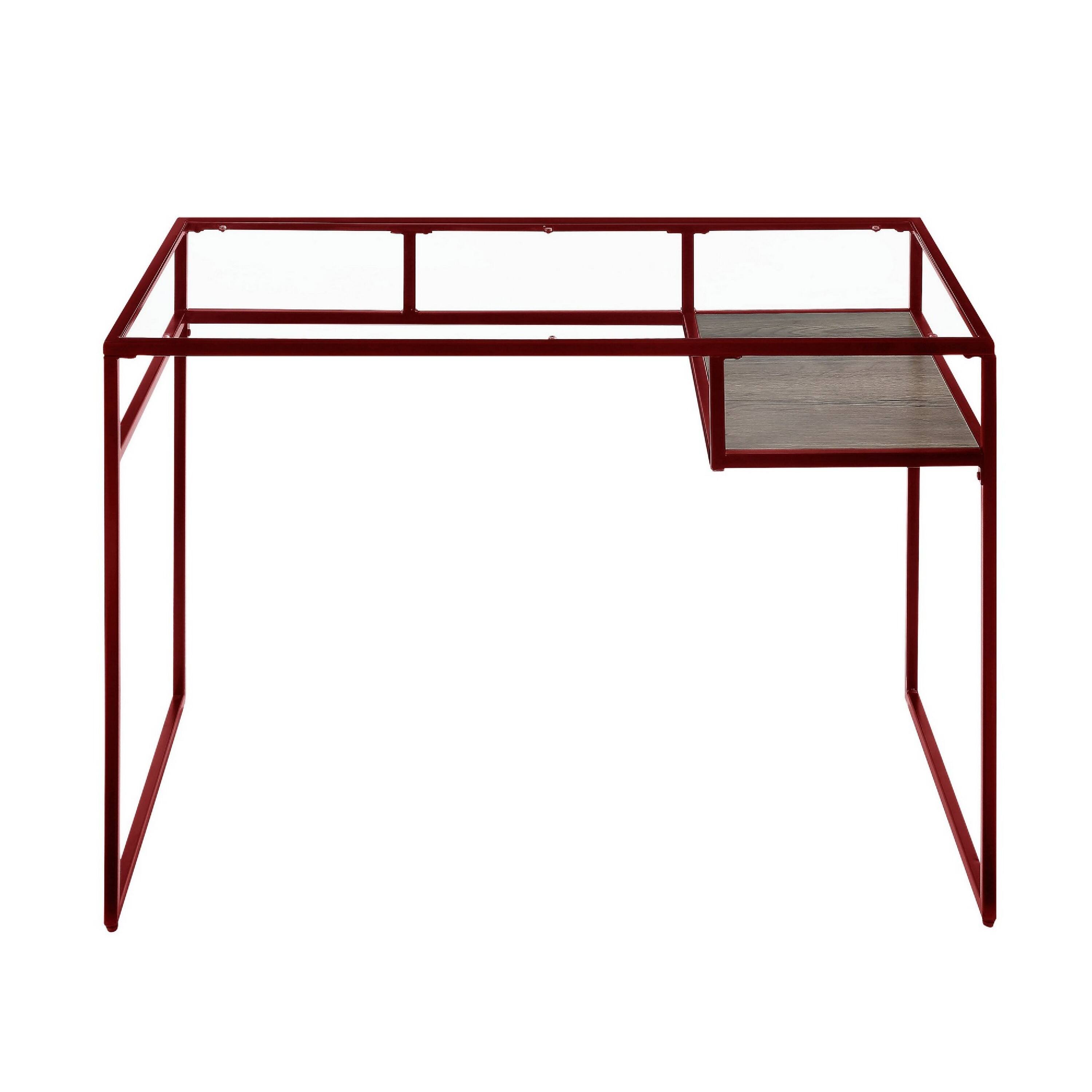 Left. Manhattan Lane - Rectangular Glass Top Desk with Open Compartment and Sled Base, Red - Red.