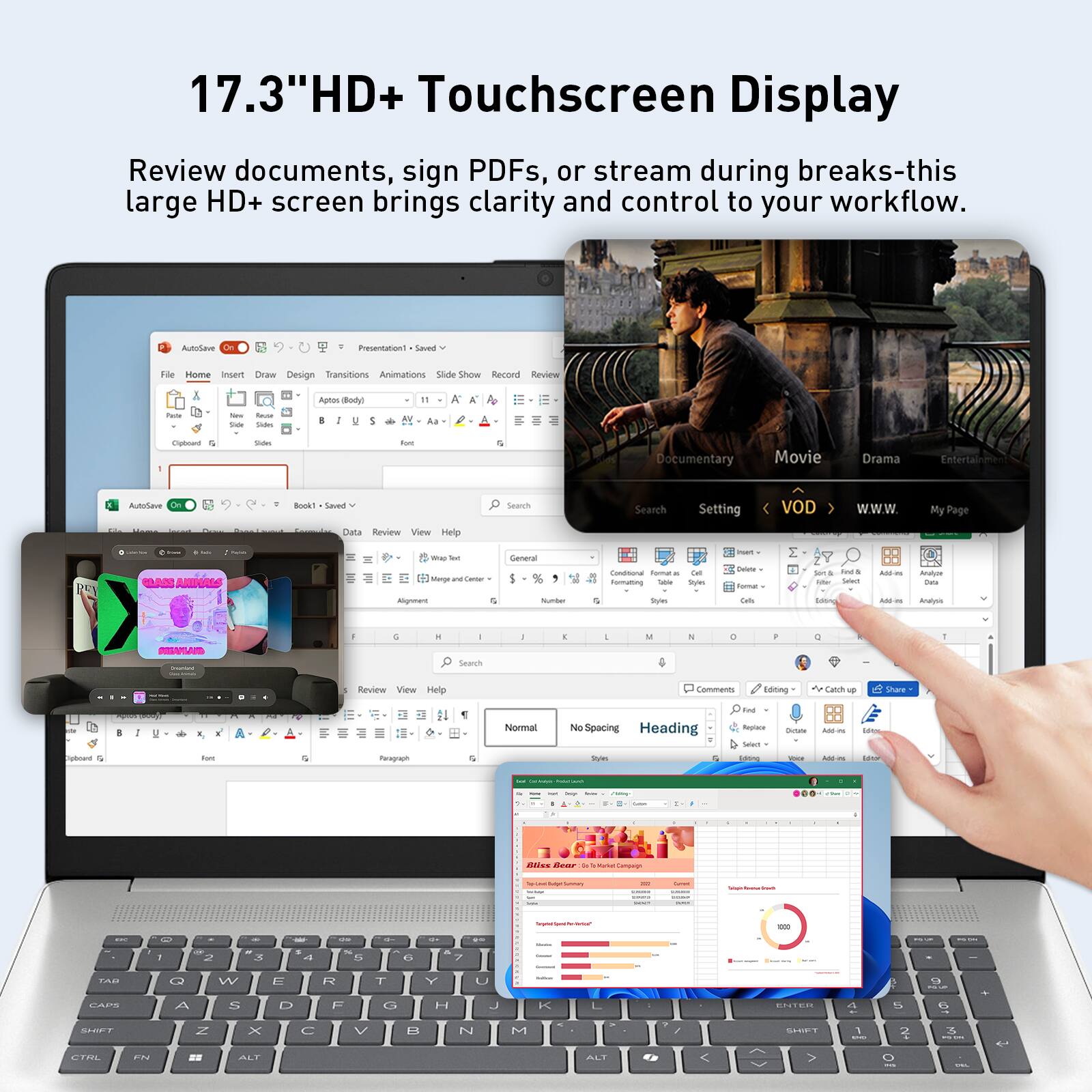 17.3" HD+ Touchscreen Display

Review documents, sign PDFs, or stream during breaks-this large HD+ screen brings clarity and control to your workflow.

AutoSave
Presentation - Saved
He Home insent Craw Design Transtions Animations Slide Show
Aptos dod
Documentary Movie Drama Entertainment
Book Saved
Search Setting VOD
My Page
Reviews
View Help
MA ANIOS
Review View Help
Comments
Normal No Spacing Heading
Search
1. 7
Am
W E R T Y U
P A S D F G H J K L
Z X C V B N M
ALT ALT