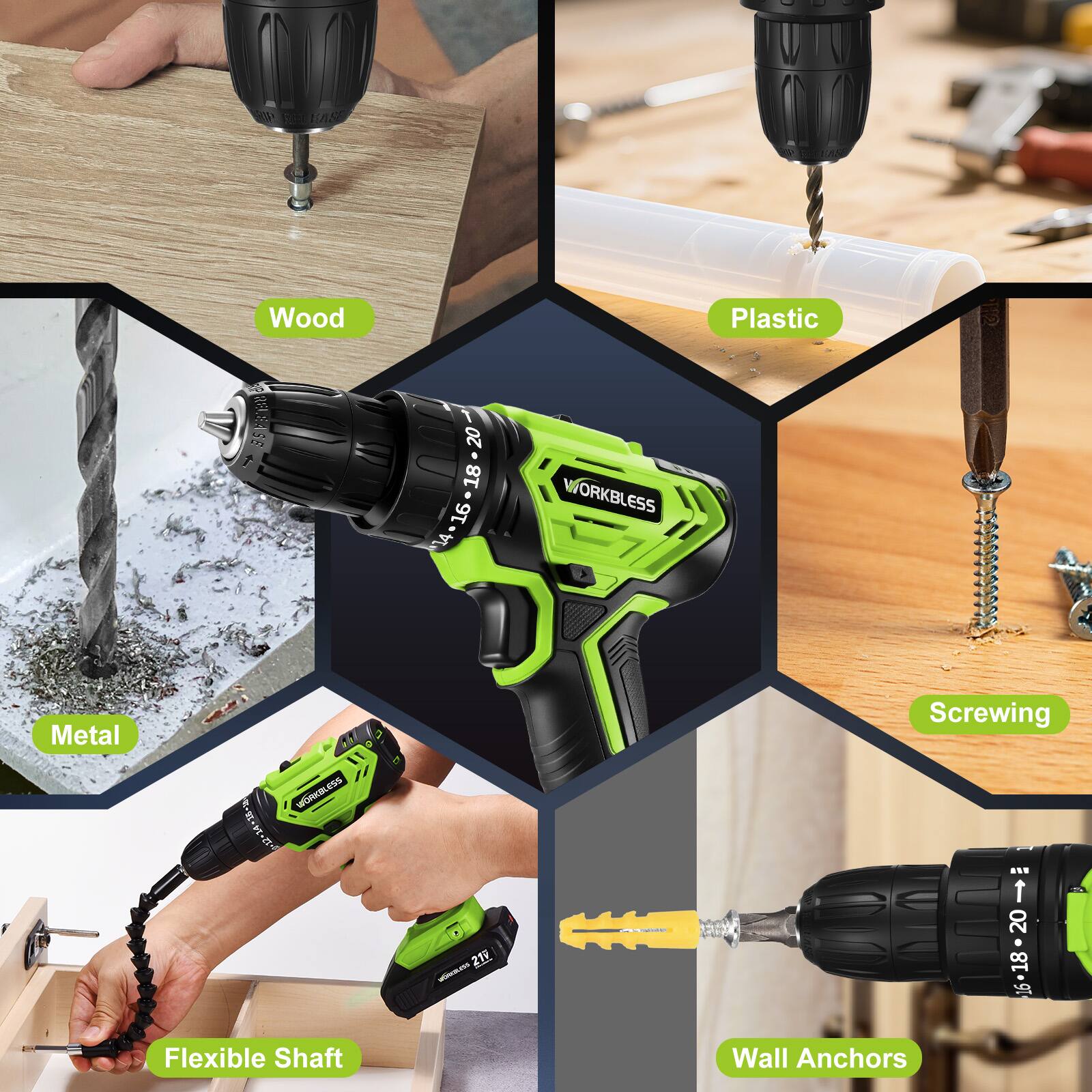 Re HASE Wood Plastic, 6 20 16-18-20 18 16 14* WORKBLESS Metal WORKBLESS 12 I Flexible Shaft t 211 - Screwing .. f 161820: 20 18 2618 Wall Anchors