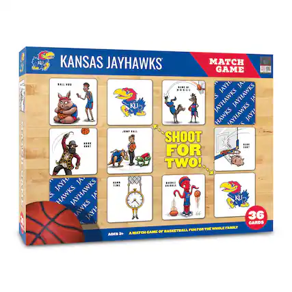 KANSAS JAYHAWKS MATCH GAME
- BALL HOG
- JUMP BALL
- HOOK SHOT
- BANK SHOT
- DOUBLE DRIBBLE
- HANG TIME
- GAME OF BASKETBALL FUN FOR THE WHOLE FAMILY
SHOOT FOR TWO!
36 CARDS
AGES 3+