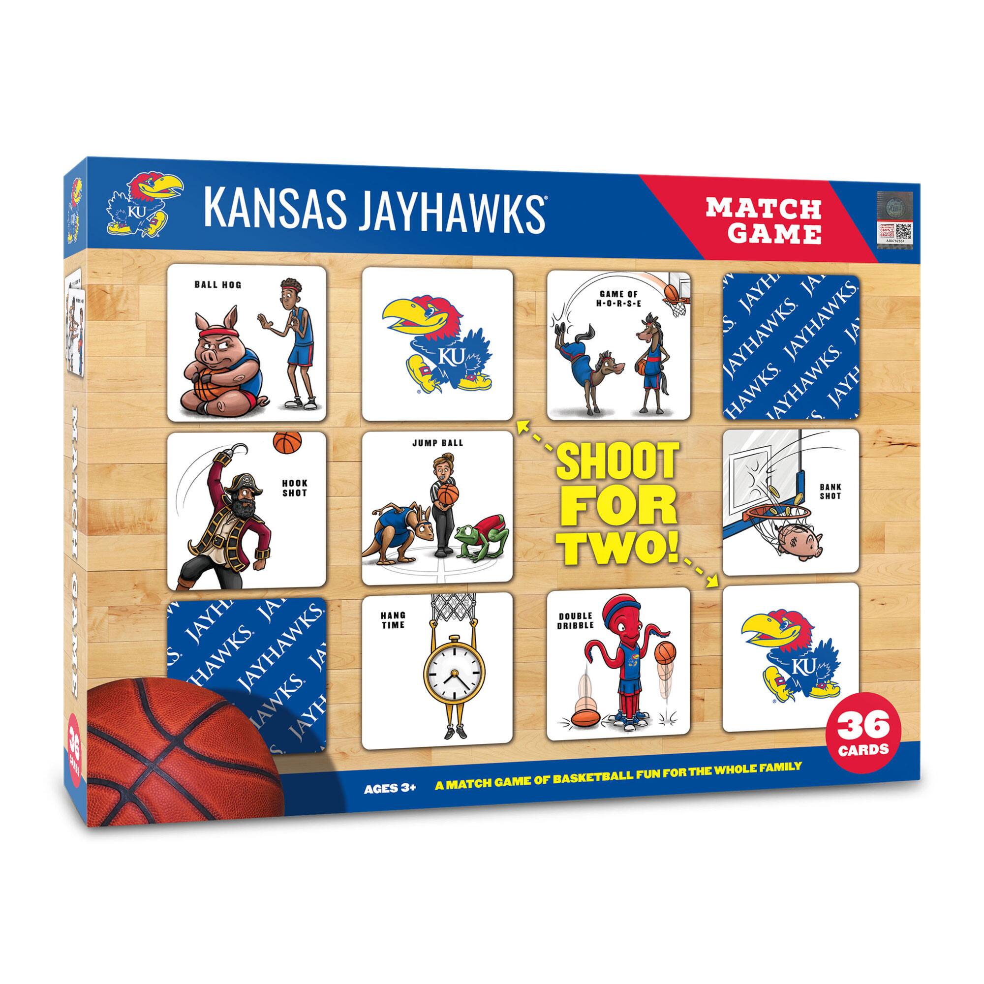 KANSAS JAYHAWKS MATCH GAME

- BALL HOG
- JUMP BALL
- HOOK SHOT
- BANK SHOT
- DOUBLE DRIBBLE
- HANG TIME
- GAME OF BASKETBALL FUN FOR THE WHOLE FAMILY

SHOOT FOR TWO!

36 CARDS

AGES 3+