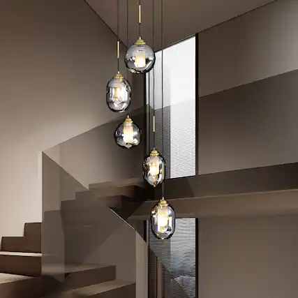 Front. Siljoy - 5 Light Staircase Pendant Light Sand Black Antique Brass Smoked Gray Glass Shades Adjustable Height for Entryway Foyer - Black.