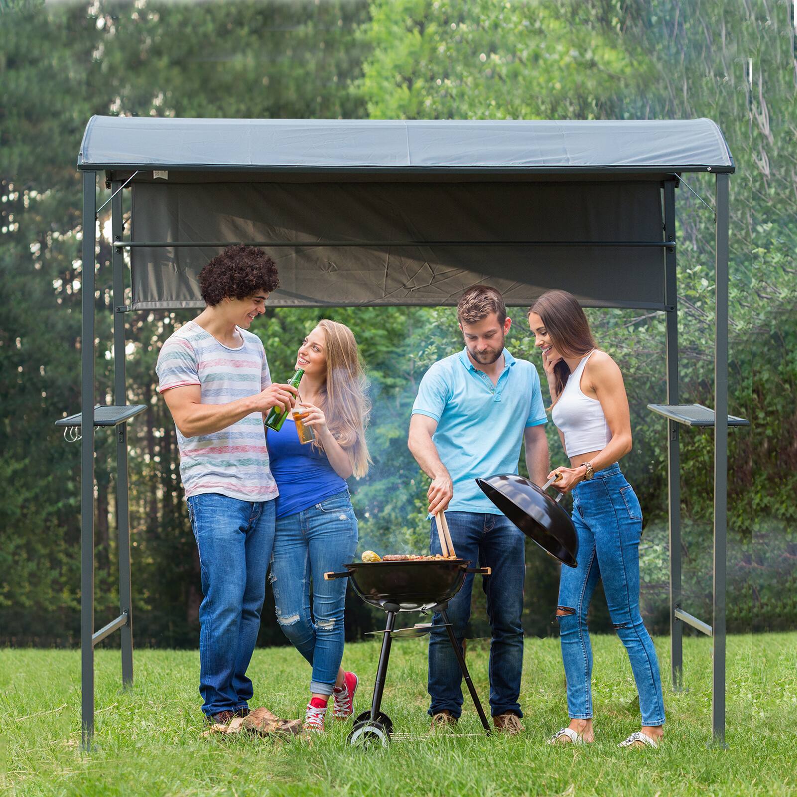Alt View 1. Outsunny - 7FT Grill Gazebo BBQ Canopy with Sun Shade Panel Side Awning, 2 Exterior Serving Shelves, 5 Hooks - Black/Grey.