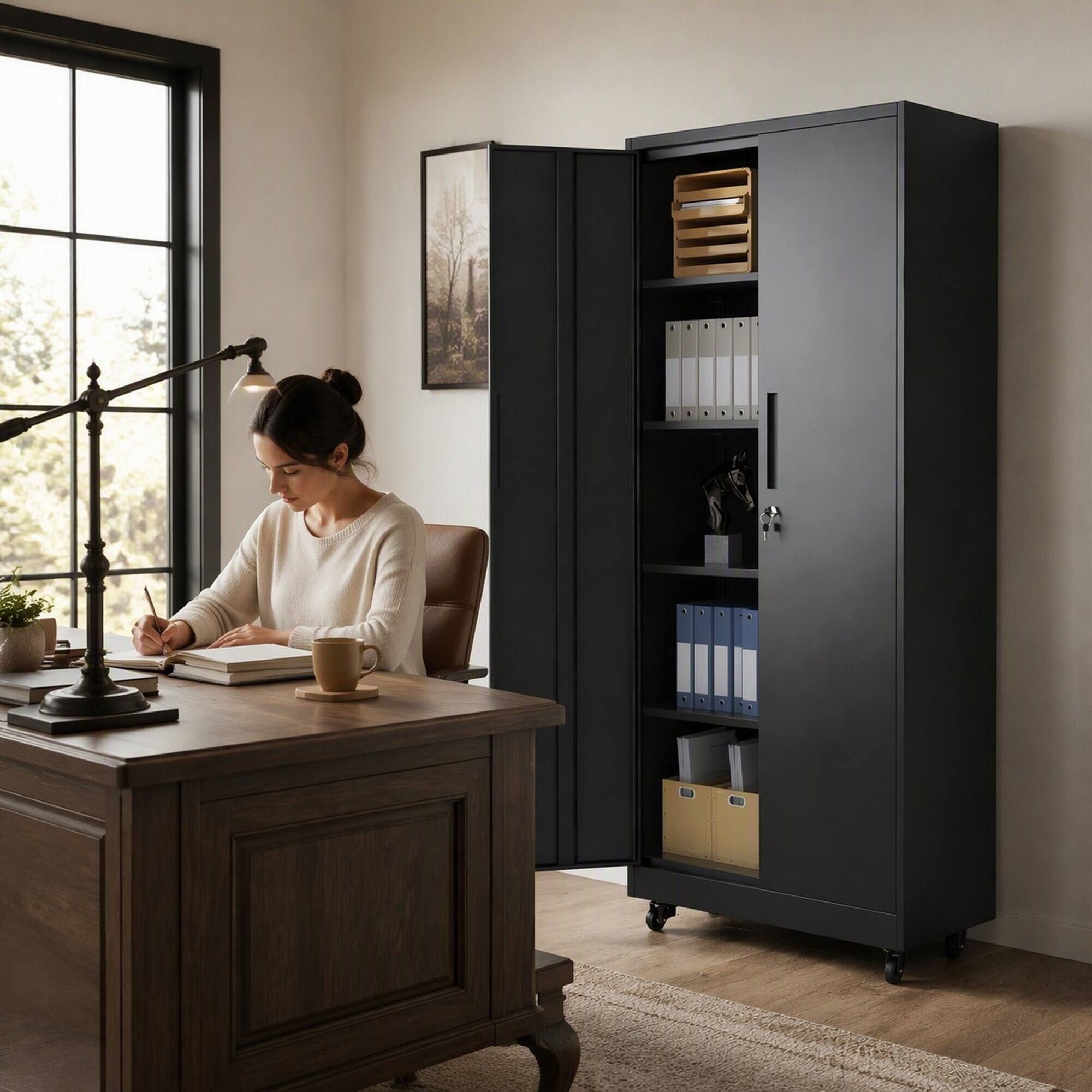 Back. RYHNUYNE - 71 in Heavy Duty Rolling Metal Garage Storage Cabinet, 4 Adjustable Shelves 180 lbs Each, 3-Point Locking System - Black.