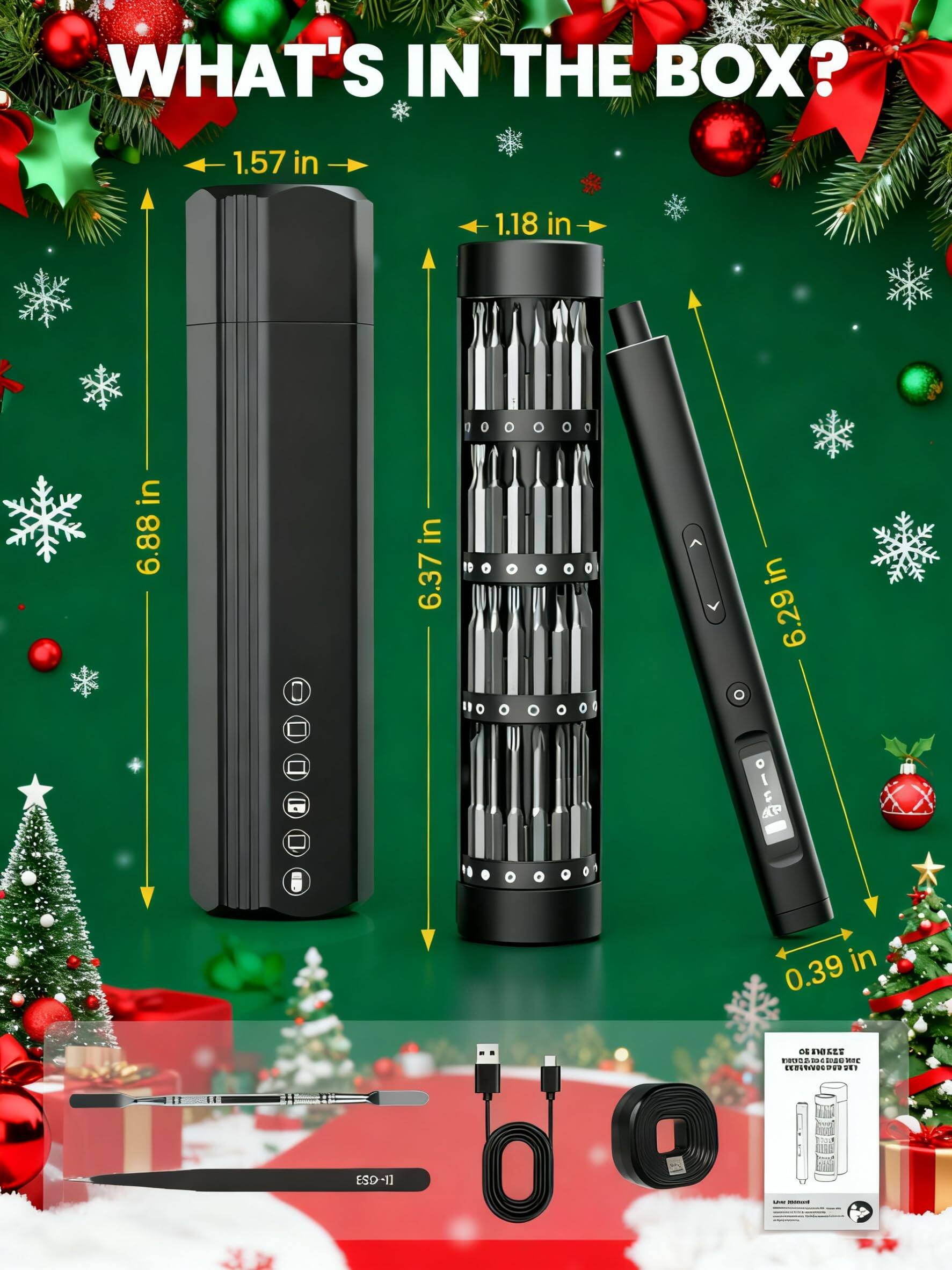 WHAT'S IN THE BOX?

- 1.57 in
- 1.18 in
- 6.88 in
- 6.37 in
- 6.29 in
- 0.39 in

ESD-11