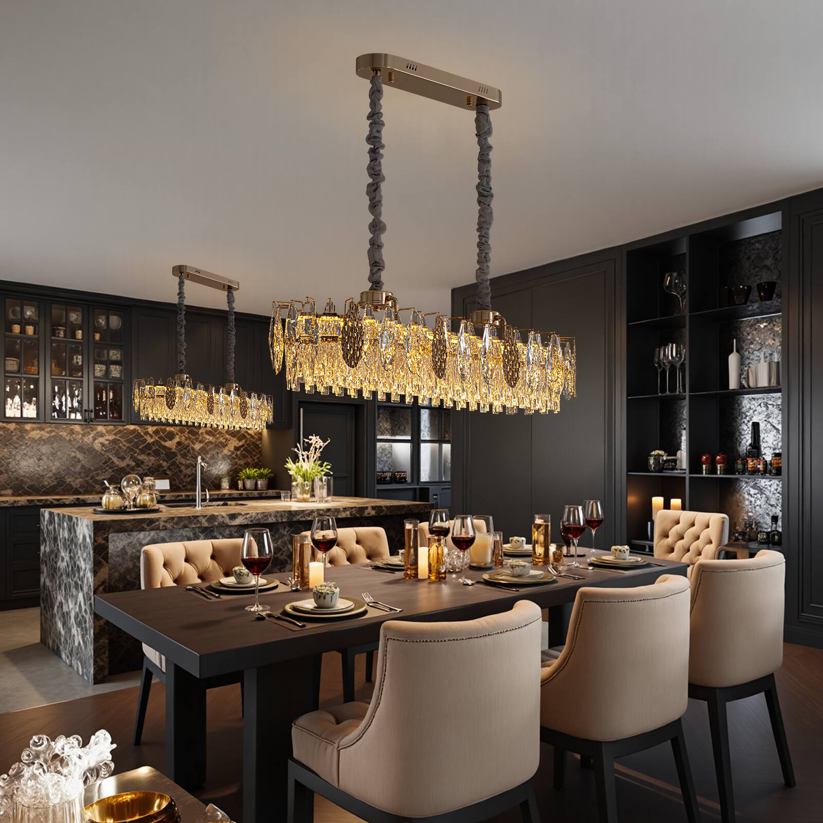 Angle. Siljoy - 40" Modern Gold Linear K9 Crystal Chandelier, Height Adjustable LED Pendant Light for Kitchen Island Dining Living Foyer - Gold.