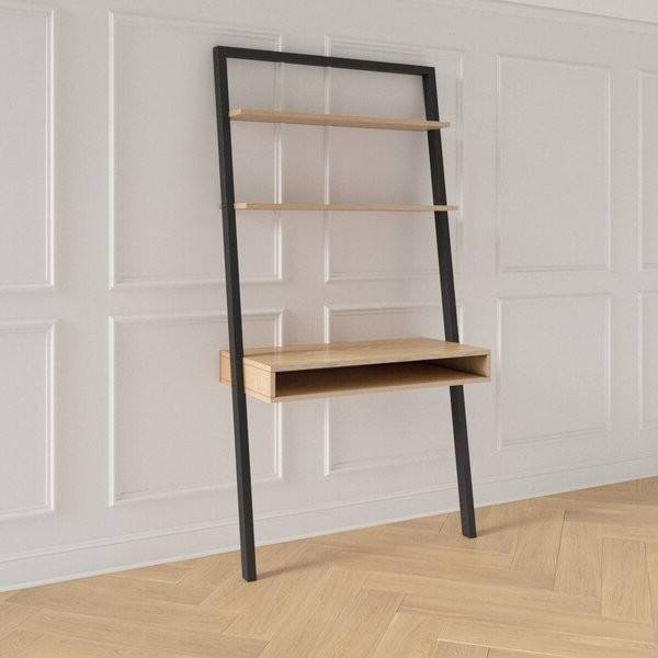 Angle. Hivvago - Farmhouse Rustic Oak Black Leaning Ladder Writing Desk 2 Shelves - Black.