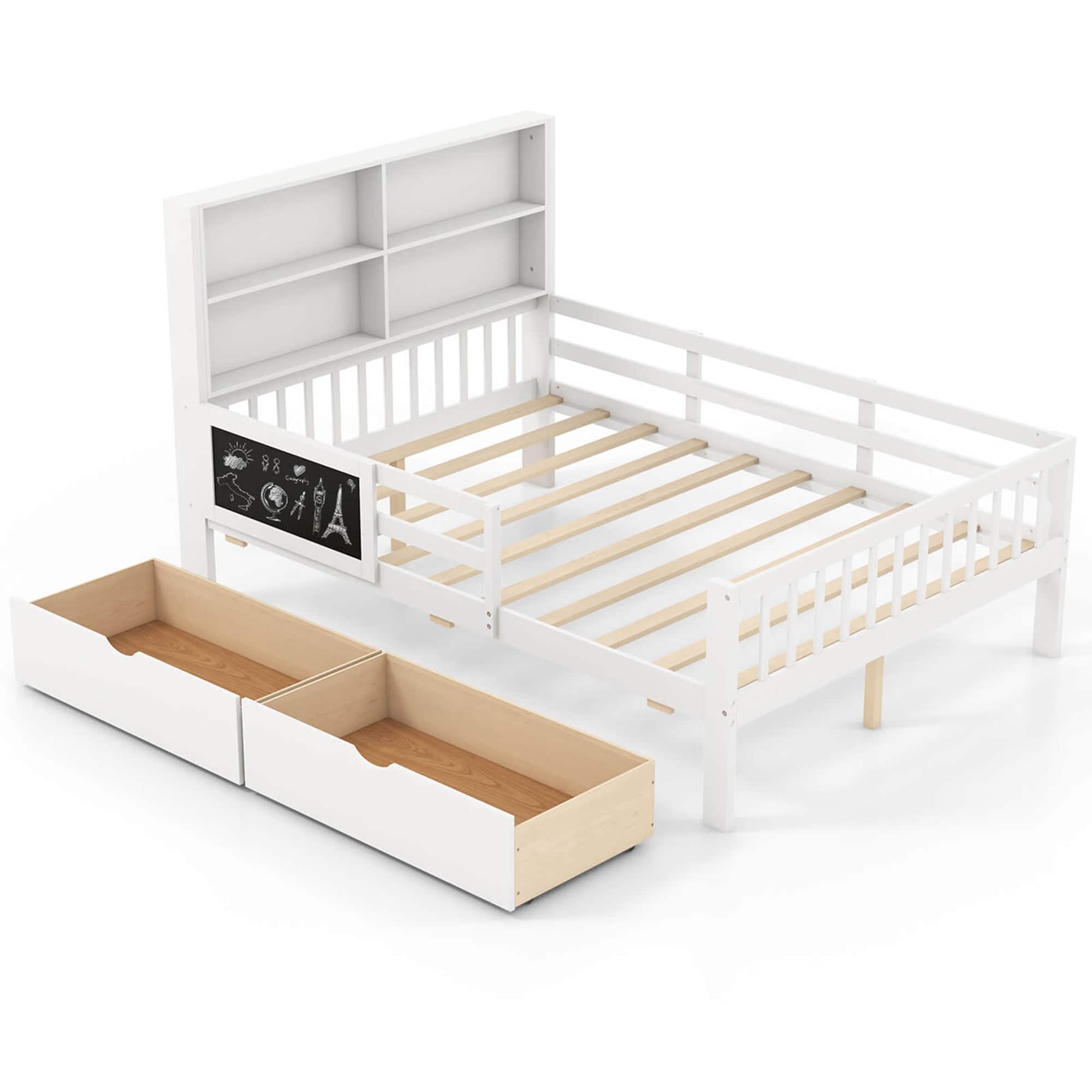 Costway - Full Size Bed Frame with 2 Drawers Bookcase & Blackboard Full-length Guardrails - White