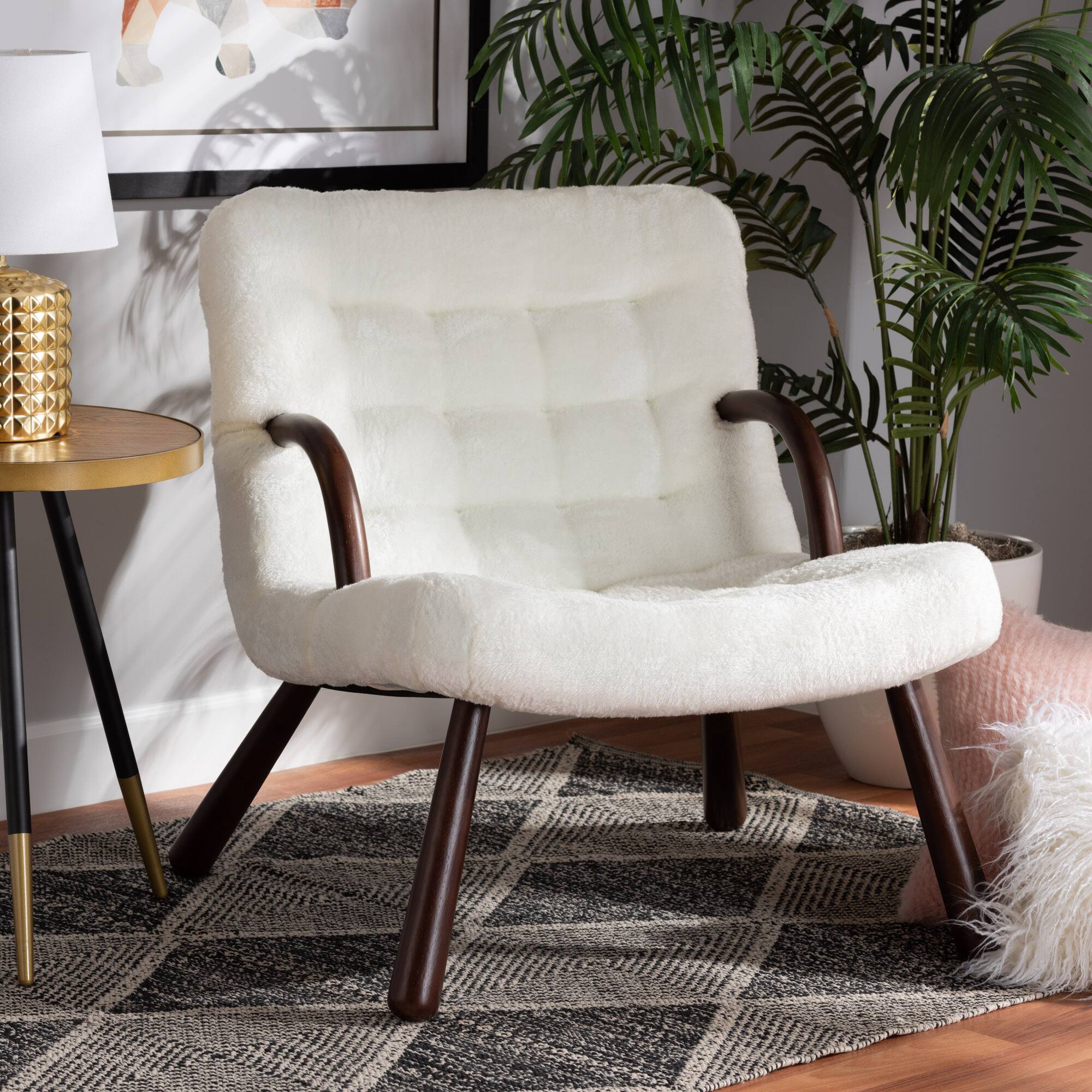 Alt View 4. Baxton Studio - Eisa Modern and Contemporary Sherpa Upholstered and Walnut Finished Wood Accent Chair - White/Walnut Brown.
