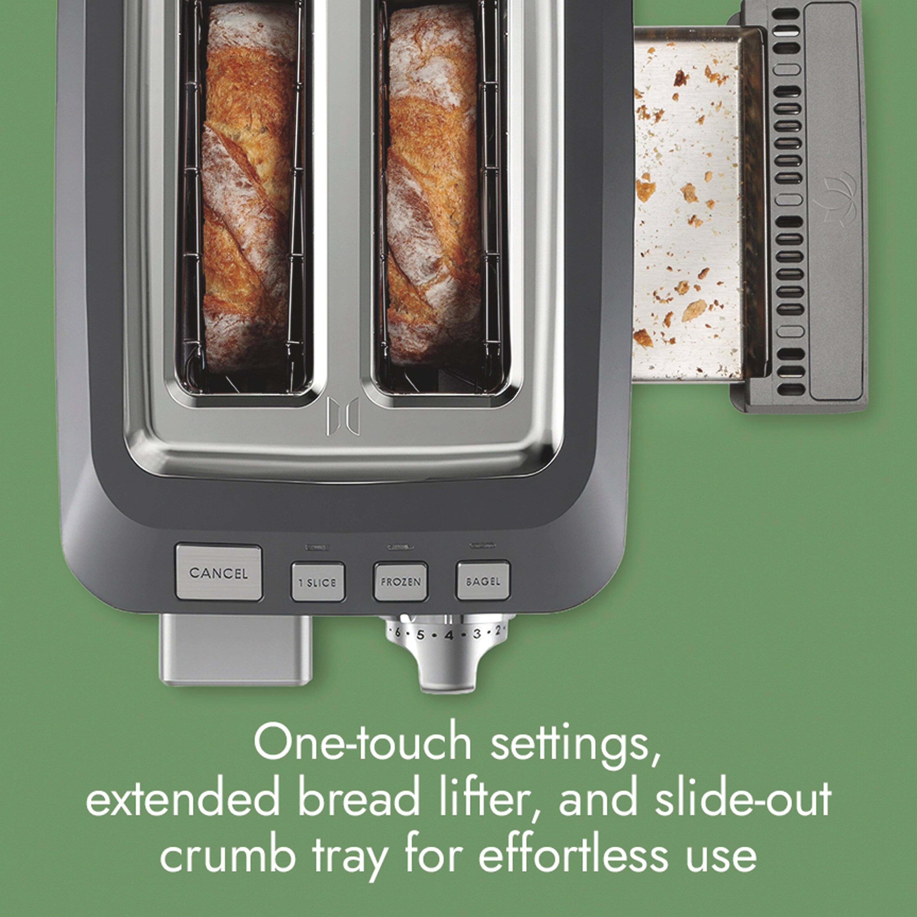CANCEL  
1 SLICE  
FROZEN  
BAGEL  
5  
4  

One-touch settings, extended bread lifter, and slide-out crumb tray for effortless use