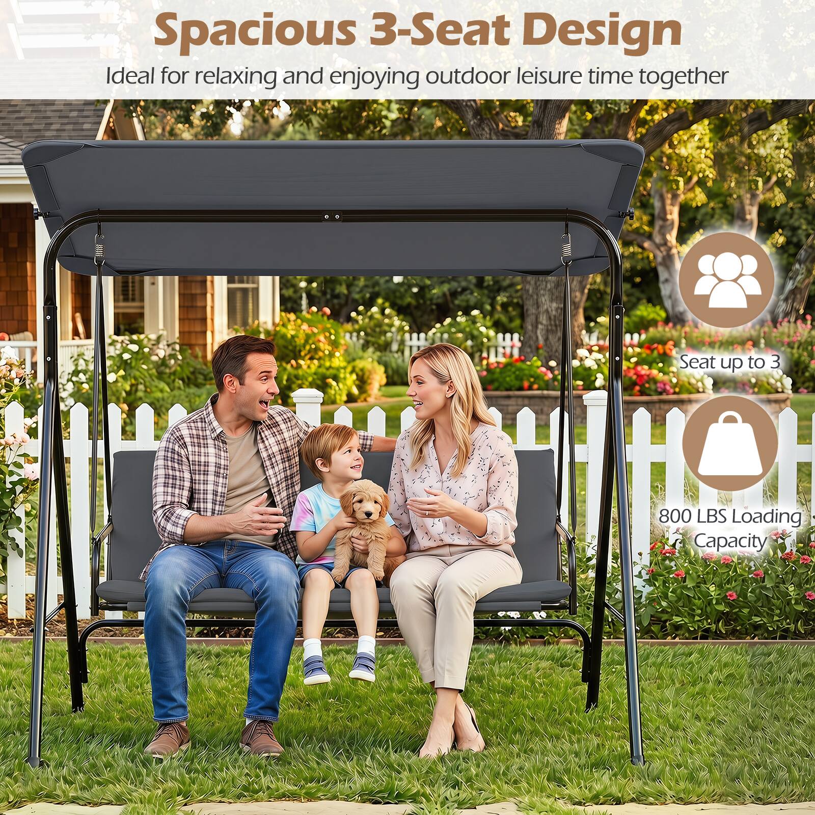 Spacious 3-Seat Design  
Ideal for relaxing and enjoying outdoor leisure time together  
Seat up to 3  
800 LBS Loading Capacity