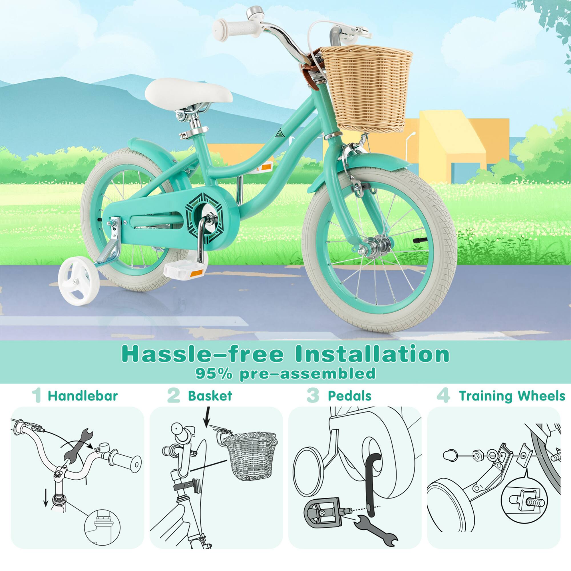 Hassle-free Installation  
95% pre-assembled  

1. Handlebar  
2. Basket  
3. Pedals  
4. Training Wheels