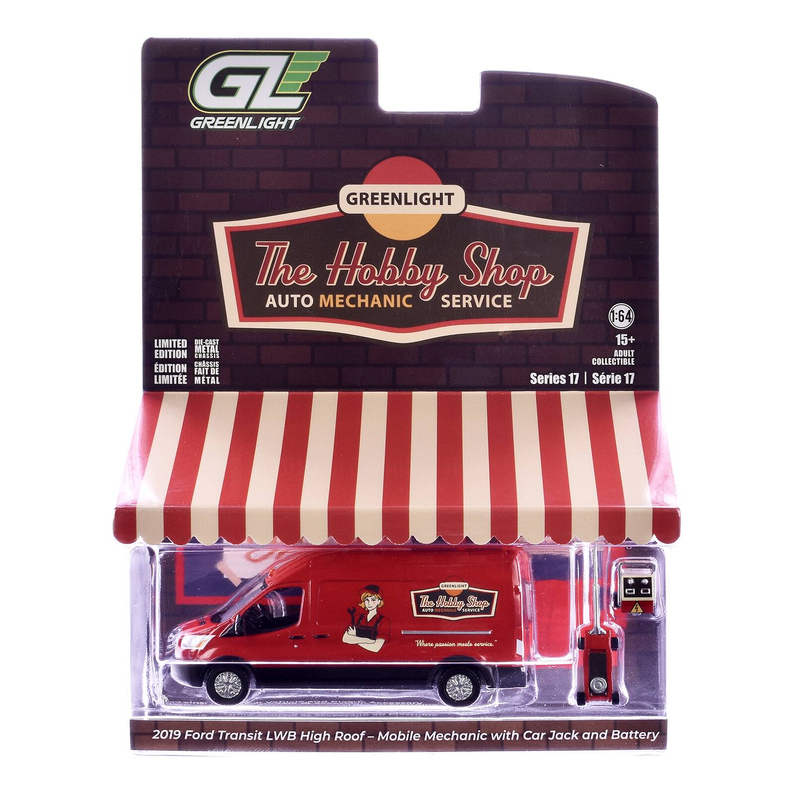 GL GREENLIGHT  
LIMITED DIE-CAST METAL EDITION CHASSIS  
GREENLIGHT The Hobby Shop AUTO MECHANIC SERVICE 1:64 15+ ADULT COLLECTIBLE Series 17 | Série 17  
CRUERLIGHT The Absby Shop cfus SERVICI  
Where passion made stories,  
2019 Ford Transit LWB High Roof-Mobile Mechanic with Car Jack and Battery