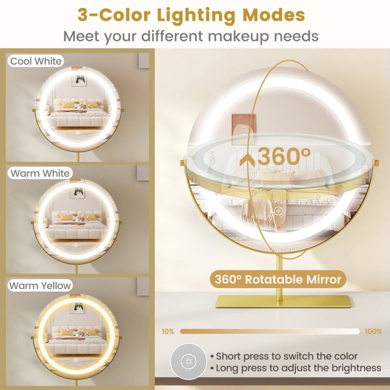 3-Color Lighting Modes  
Meet your different makeup needs

Cool White  
Warm White  
Warm Yellow  

360° Rotatable Mirror  

10%  
100%  

Short press to switch the color  
Long press to adjust the brightness