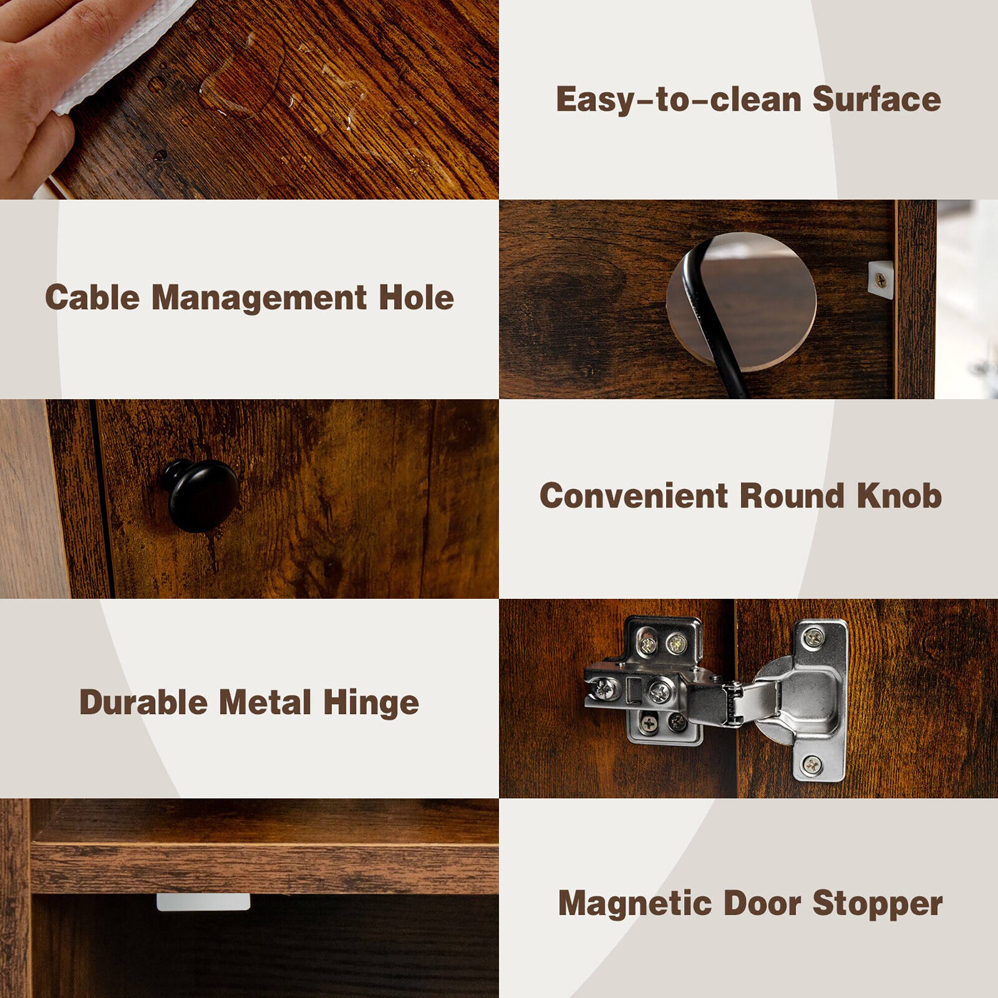 Easy-to-clean Surface: Cable Management Hole
Convenient Round Knob: Durable Metal Hinge
Magnetic Door Stopper: