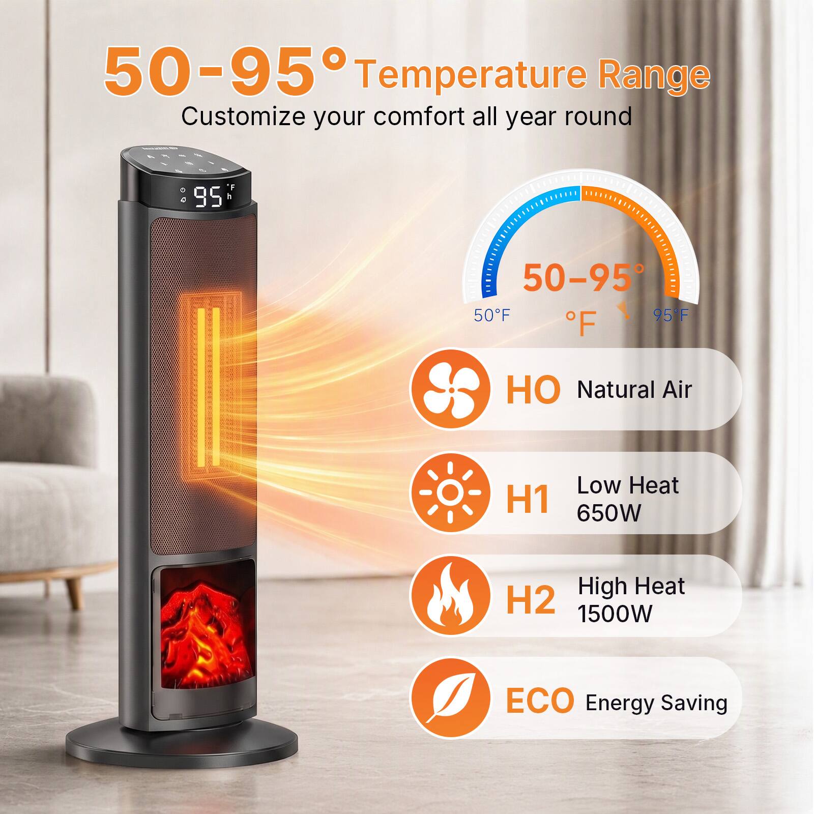50-95° Temperature Range  
Customize your comfort all year round  

50-95°F  

HO Natural Air  
H1 Low Heat 650W  
H2 High Heat 1500W  
ECO Energy Saving