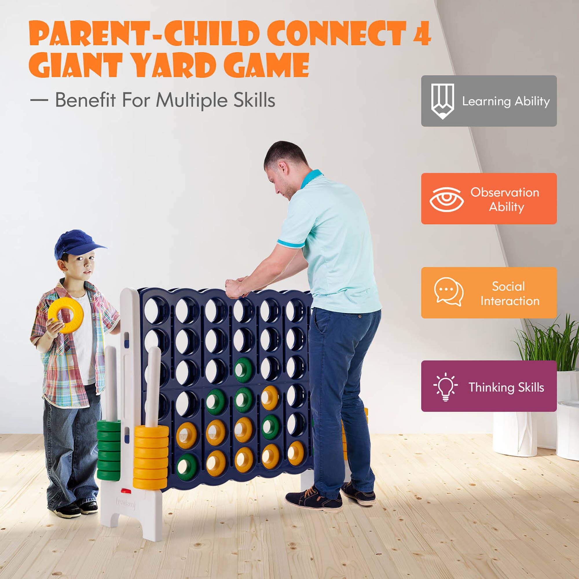 PARENT-CHILD CONNECT 4 GIANT YARD GAME  
— Benefit For Multiple Skills  

- Learning Ability  
- Observation Ability  
- Social Interaction  
- Thinking Skills