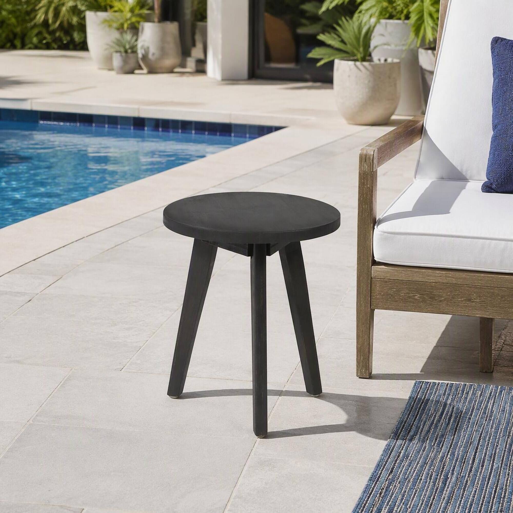 Alt View 1. RYHNUYNE - Rustic Dark Grey Round Outdoor End Table,3-Leg Wood Side Table for Patio Garden Balcony - Gray.