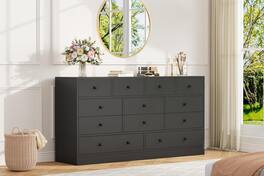 Jojoka - 12 Drawer Dresser with Power Outlet, 61 Inch Wide Wood Chest of Drawers - Black